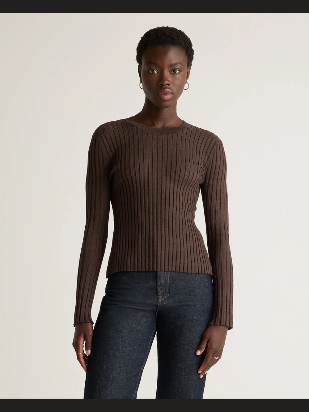 Quince Cotton Cashmere Ribbed Long Sleeve Sweater Brown XS
